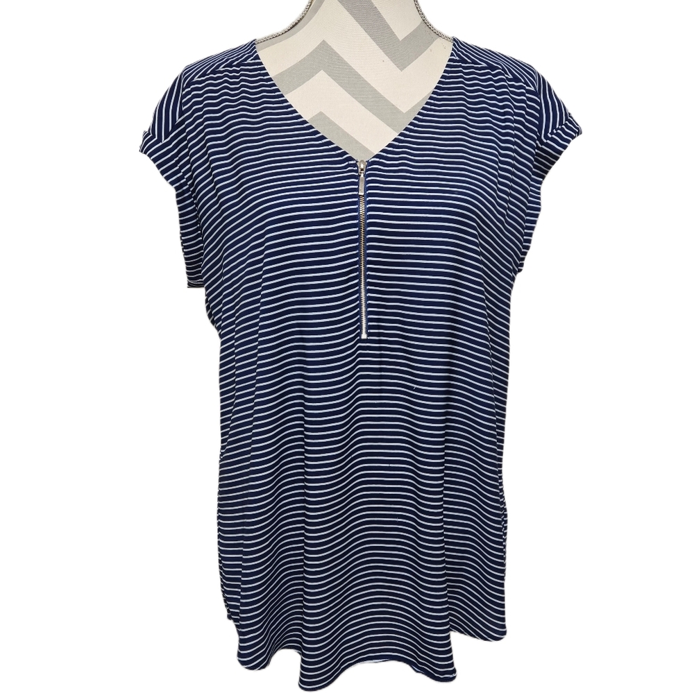 Express Navy Blue & White Striped Zip Front Cuffed Sleeve Blouse